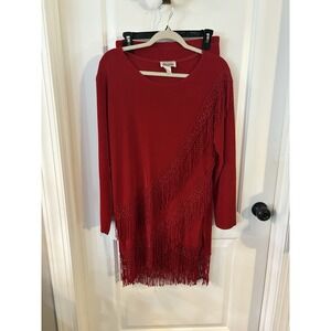 Maxi Ma Ladies Red‎ Fringed Ribbed Long Sleeve Skirt & Top Set Size L Vintage